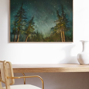 Woods Art Print, Moody Forest and Stars Artwork, Pine Trees Under the Starry Night Sky Painting image 5
