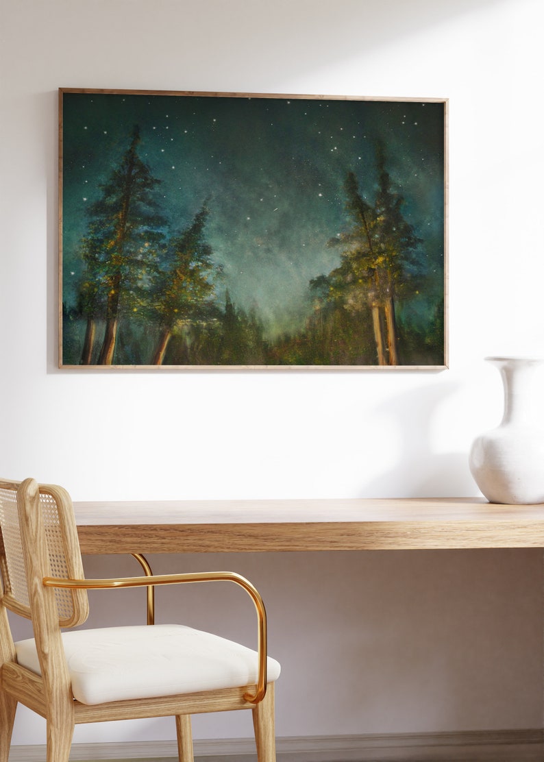 Woods Art Print, Moody Forest and Stars Artwork, Pine Trees Under the Starry Night Sky Painting image 5