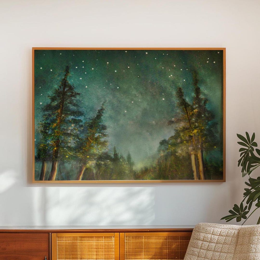 Forest Woods Art Print, Starry Night Sky Painting, Pine Trees Camping ...