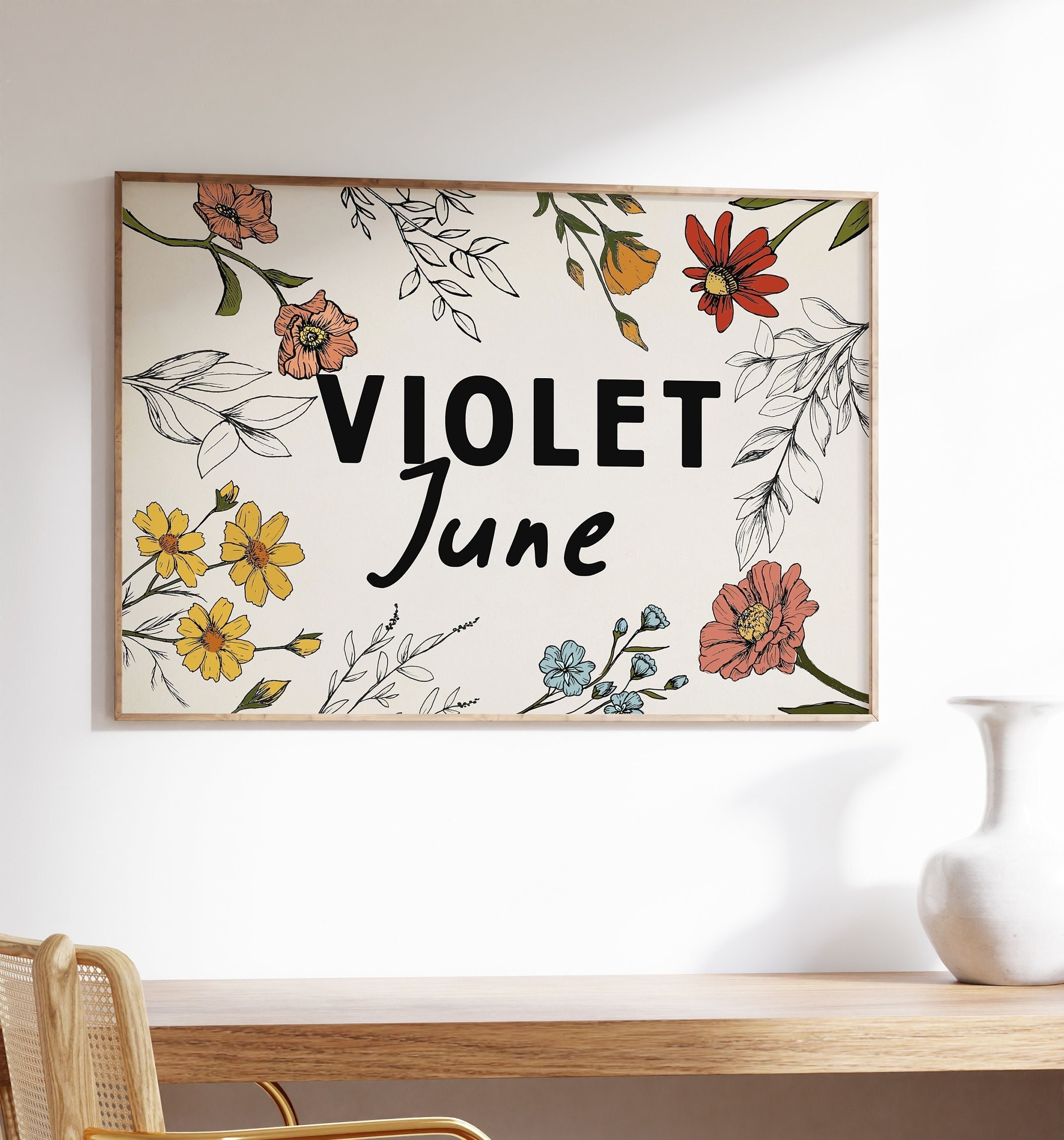 Custom Name Wildflower Nursery Print, Personalized Floral Wall Art ...