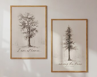 Oak and Pine Tree Wall Art, Tolkien Quote, I Am At Home Among the Trees, Vintage-style Charcoal Print