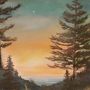 May include: A painting of a forest scene at sunset with two tall pine trees silhouetted against a sky with a few stars. The sky is a gradient of orange, yellow, and blue. The trees are dark green and brown. The forest floor is covered in tall grass.