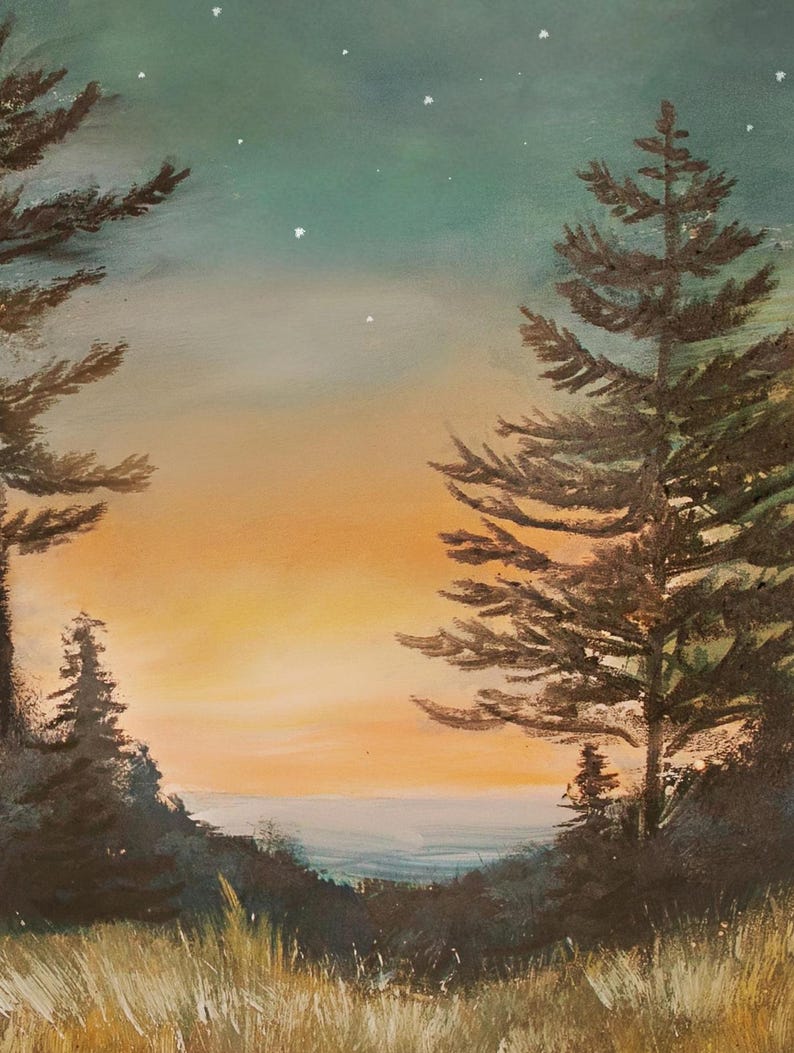 May include: A painting of a forest scene at sunset with two tall pine trees silhouetted against a sky with a few stars. The sky is a gradient of orange, yellow, and blue. The trees are dark green and brown. The forest floor is covered in tall grass.