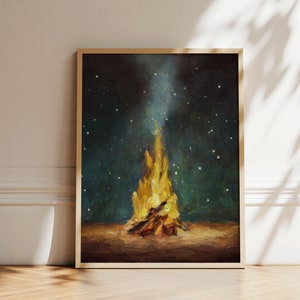 Impression d'art mural feu de camp, peinture de camping en forêt, oeuvre d'art de tente, bois confortable avec une flamme de feu sous les étoiles, décoration hivernale de style vintage image 8