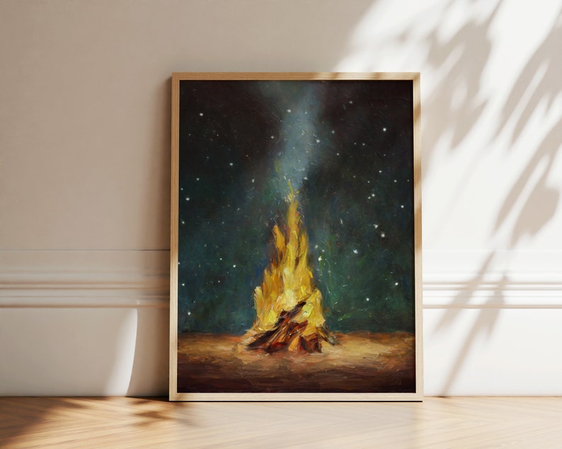 Impression d'art mural feu de camp, peinture de camping en forêt, oeuvre d'art de tente, bois confortable avec une flamme de feu sous les étoiles, décoration hivernale de style vintage image 8