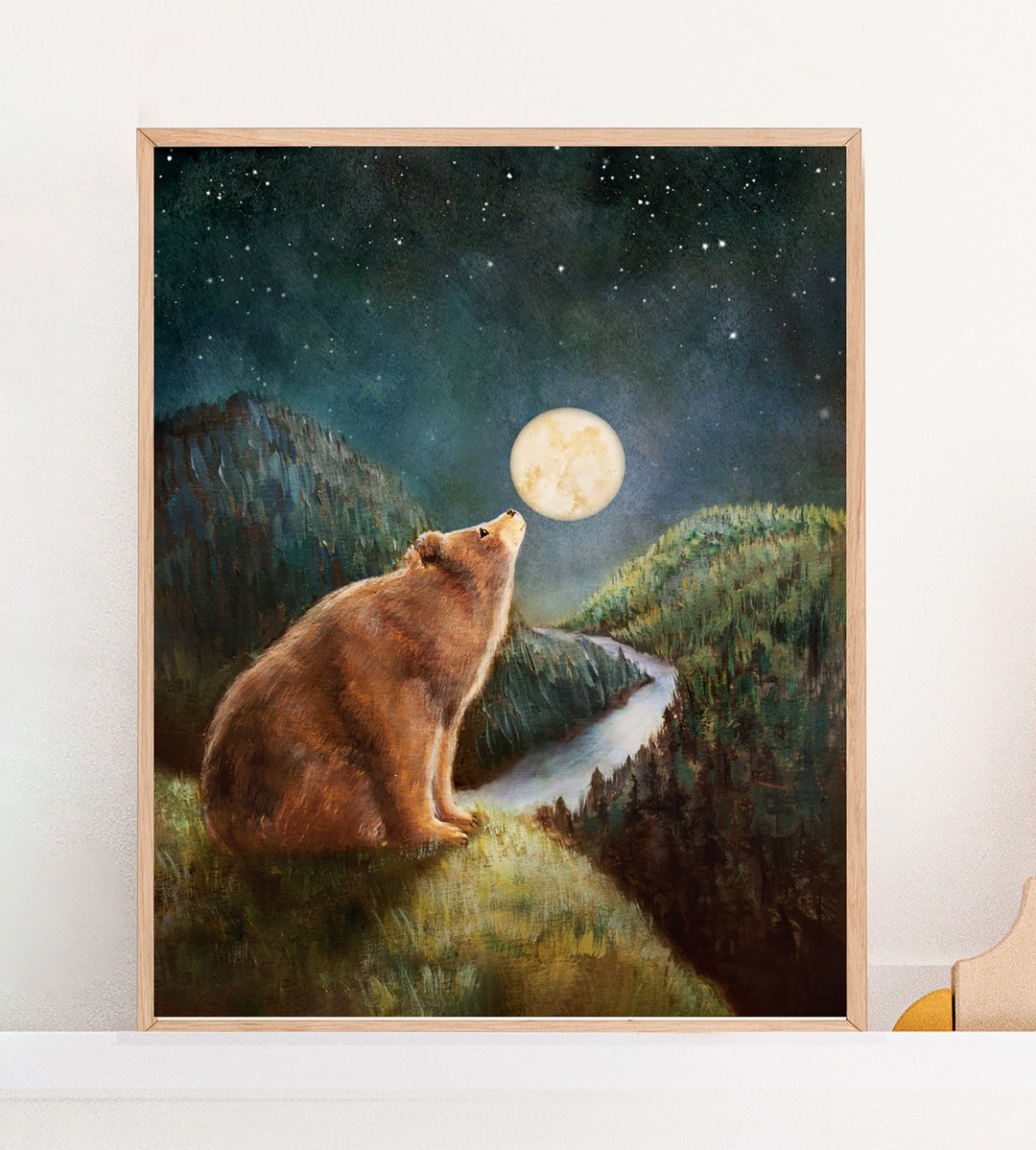 Bear Art Print, Woodland Animal Nursery, Cute Bear and Stars, Brown