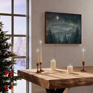 Winter Wall Art Print, Snowy Pine Woods Mountain Painting, North or Bethlehem Star, Christmas Season Décor image 5