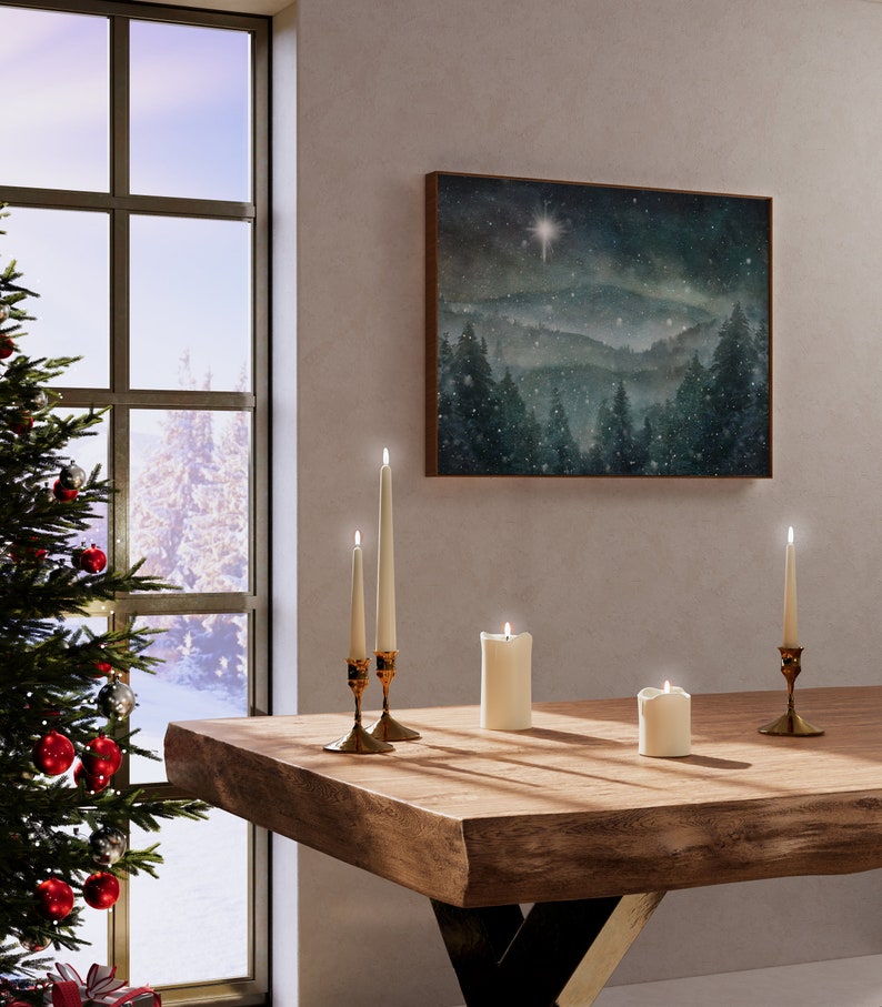 Winter Wall Art Print, Snowy Pine Woods Mountain Painting, North or Bethlehem Star, Christmas Season Décor image 5