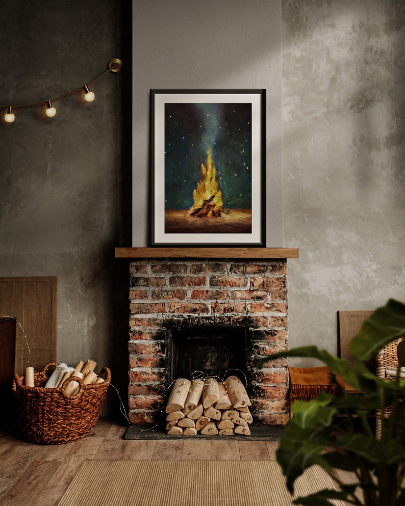 Campfire Wall Art Print, Forest Camping Painting, Tent Artwork, Cozy Woods with a Blazing Fire Under the Stars, Vintage Style Winter Décor image 7
