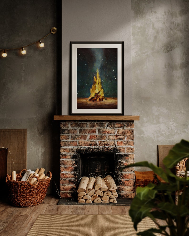 Impression d'art mural feu de camp, peinture de camping en forêt, oeuvre d'art de tente, bois confortable avec une flamme de feu sous les étoiles, décoration hivernale de style vintage image 7