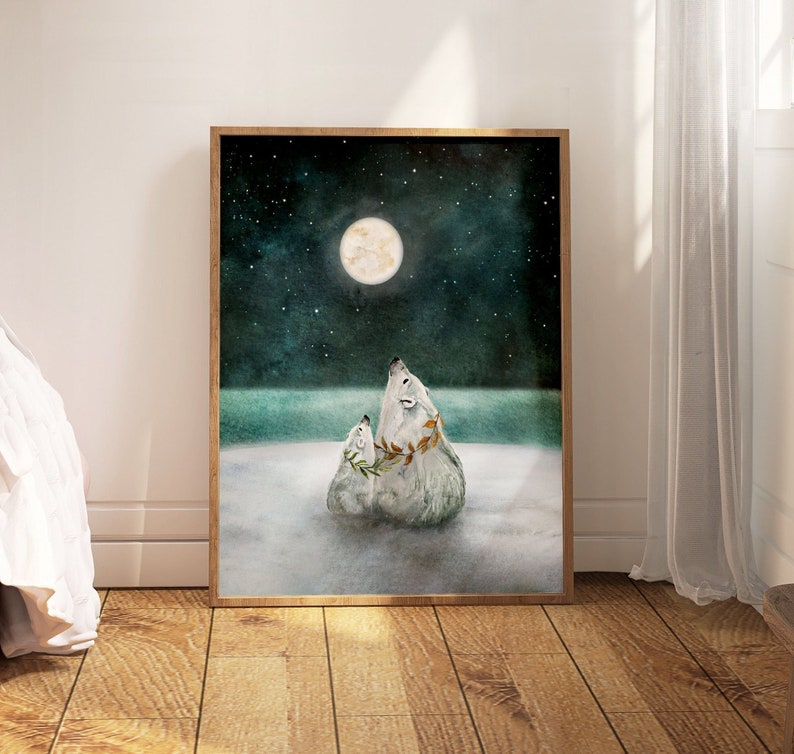 polar bear water color painting. Mom and baby polar bear nursery print looking at the moon and stars.