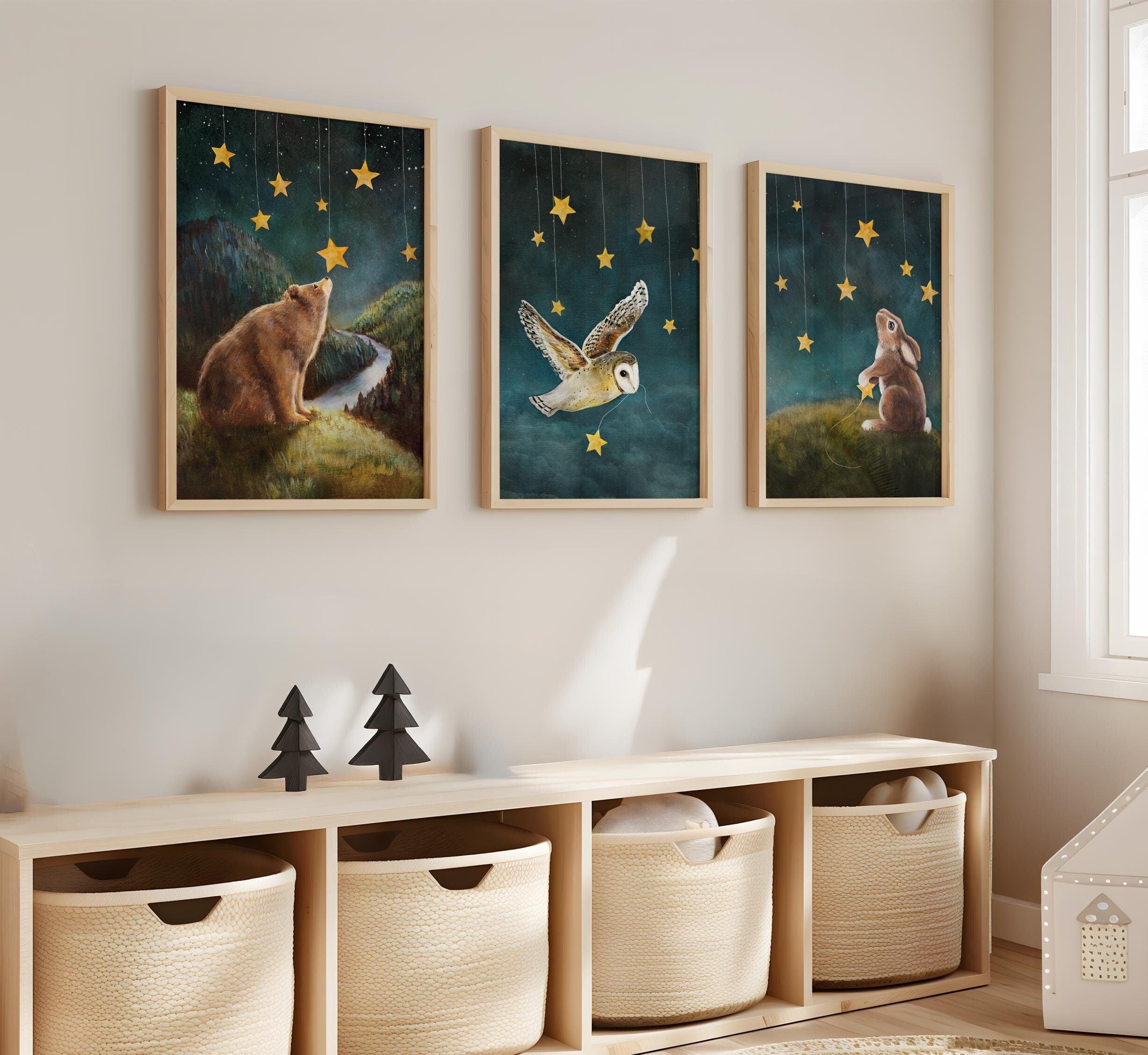Woodland Animal Nursery Print Set: Owl, Bear, Bunny Hanging Stars