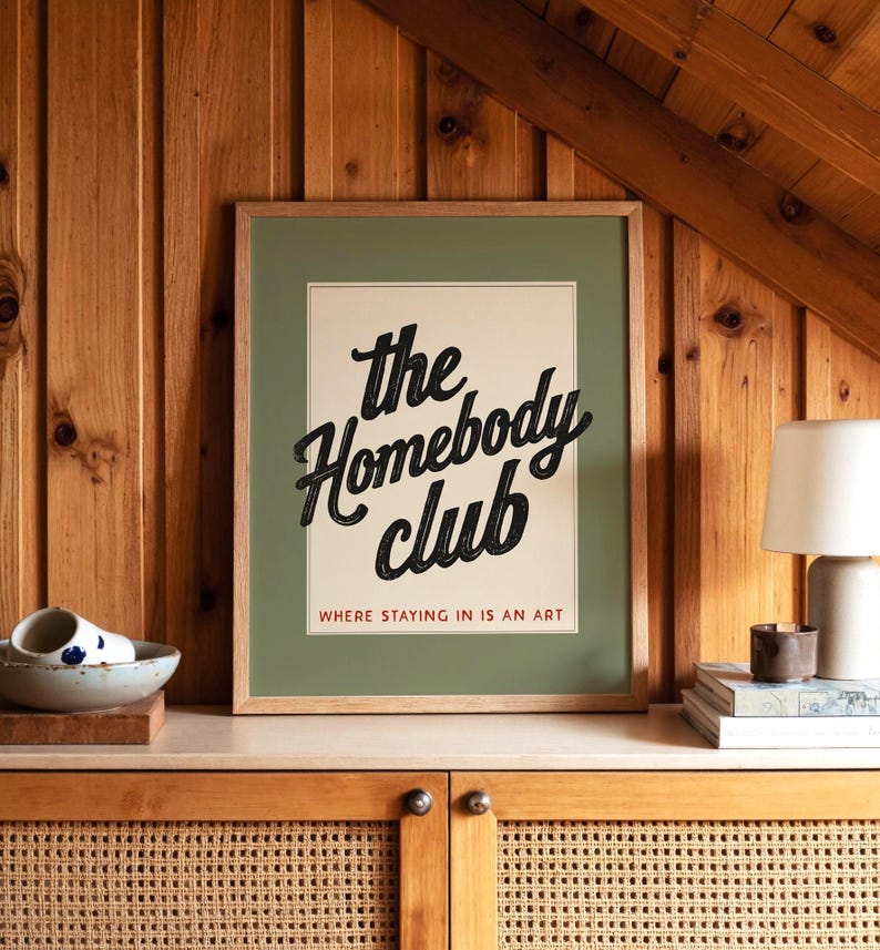 Homebody club introvert wall art print. Retro modern decor for apartment and home