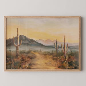 Desert Southwest Oil Painting Print | Arizona Cactus Landscape | Soft Muted Vintage Wall Art | Available Framed and Unframed