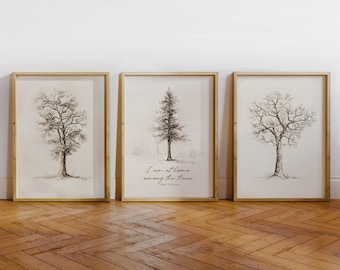 Dibujo al carboncillo de árbol, cita de Tolkien, entre los árboles, conjunto de grabados, dibujado a mano para los amantes de los árboles. Maderas de pino y roble