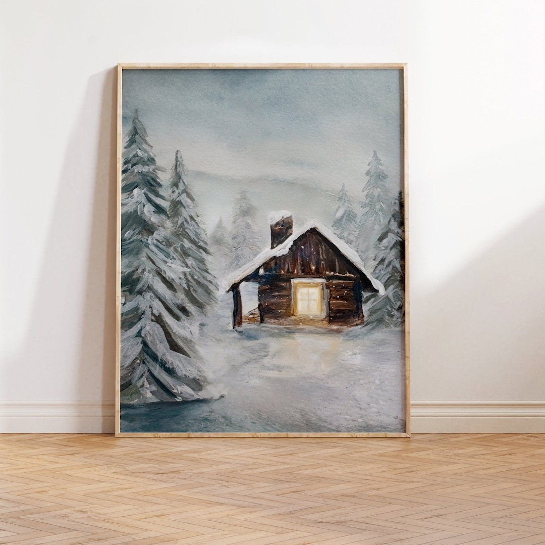 Winter Cabin Painting, Cozy Rustic Mountain Home Wall Art Print, Nordic