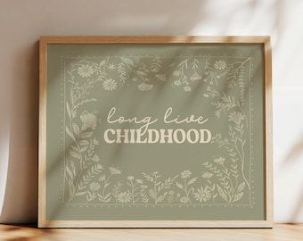 Long Live Childhood Nursery Print, Scandinavian Folk Art for Children's Kid's Room, Vintage Floral Aesthetic