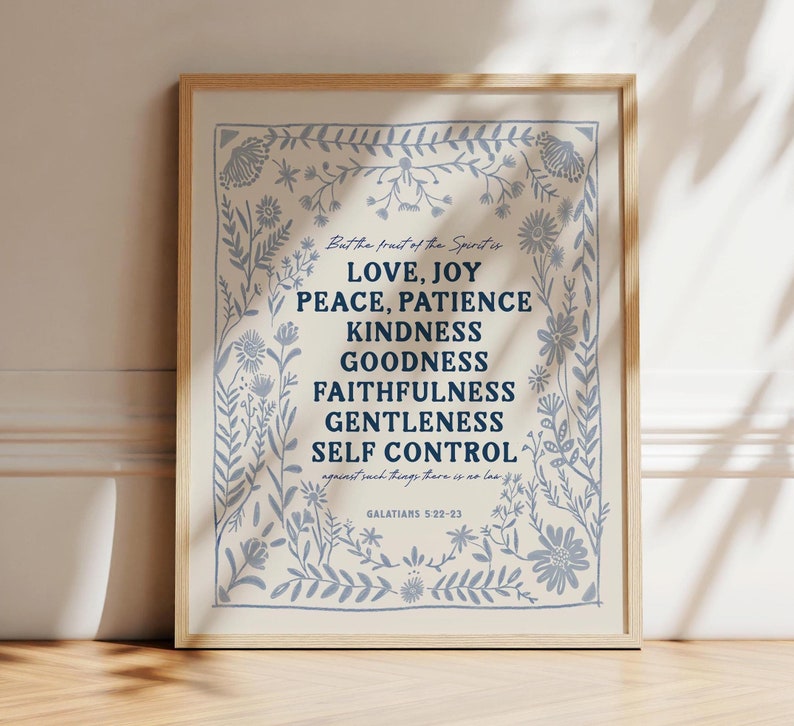 Fruit of the Spirit Art Print, Love Joy Peace Scripture Gift, Galatians 5:22 Artwork, , Bible Verse, Christian Art, Blue and Cream