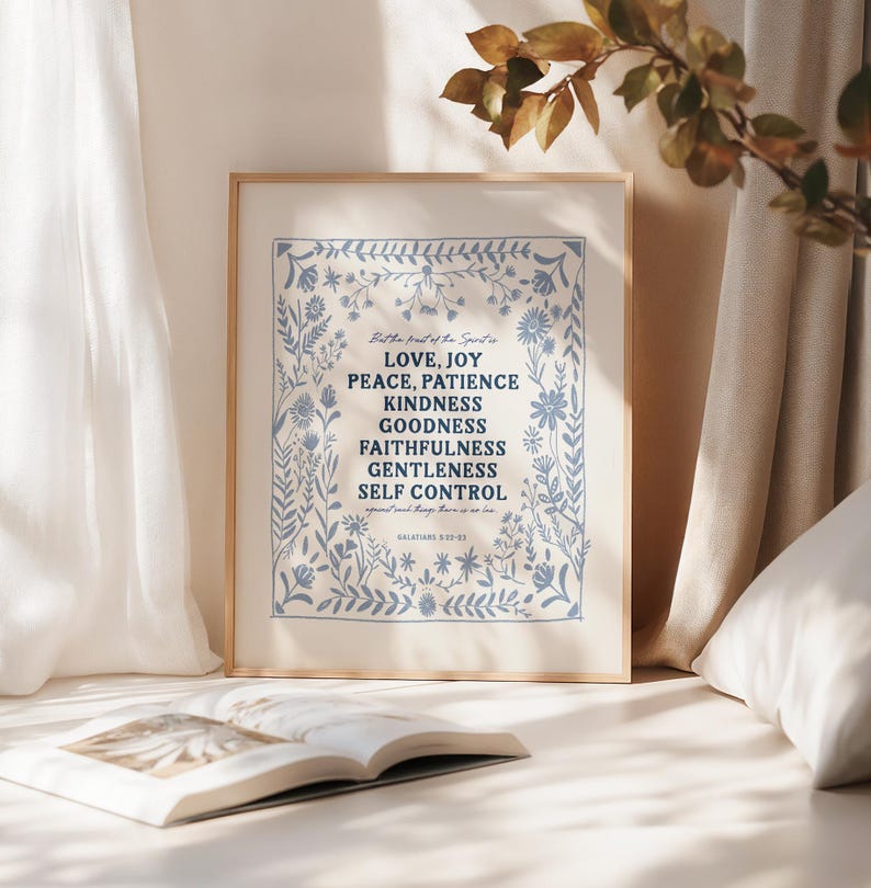 Fruit of the Spirit Art Print, Love Joy Peace Scripture Gift, Galatians 5:22 Artwork, , Bible Verse, Christian Art, Blue and Cream imagem 2