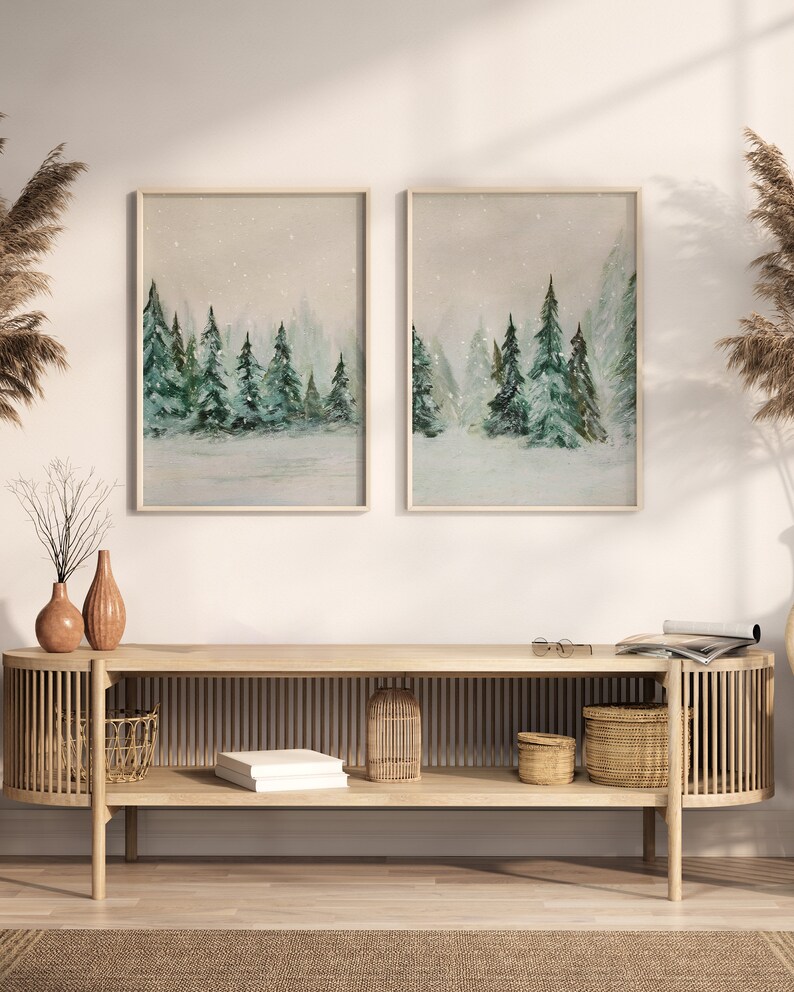 Winter Wall Art Prints Snowy Pine Trees Vintage Style Etsy
