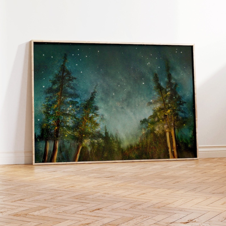 Woods Art Print, Moody Forest and Stars Artwork, Pine Trees Under the Starry Night Sky Painting image 1