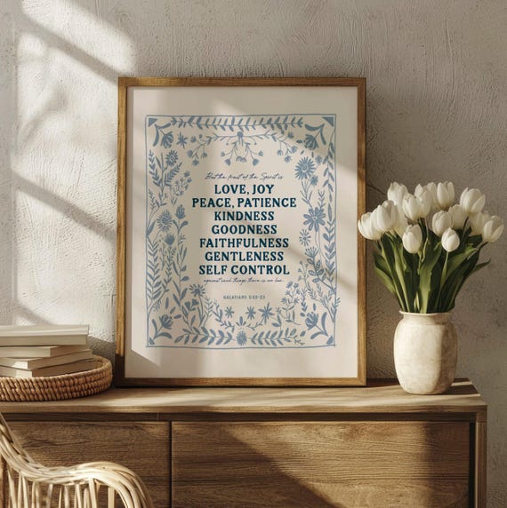 Fruit of the Spirit Art Print, Love Joy Peace Scripture Gift, Galatians 5:22 Artwork, , Bible Verse, Christian Art, Blue and Cream