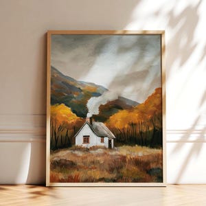 Cozy Autumn Cottage Print, Fall Trees Wall Art, Original Painting