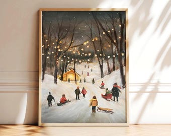Cozy Winter Sledding Print, Vintage Style Oil Painting, Twinkle Lights and Children Playing