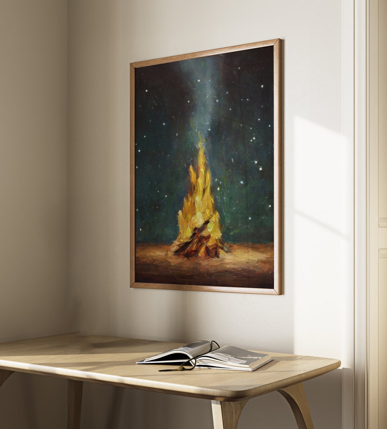 Impression d'art mural feu de camp, peinture de camping en forêt, oeuvre d'art de tente, bois confortable avec une flamme de feu sous les étoiles, décoration hivernale de style vintage image 6