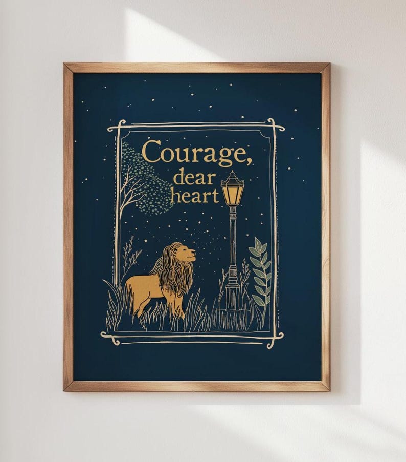 Narnia wall art print with Aslan the lion and the lamppost from C.S. Lewis' classic literature tale. Perfect for a nursery or child's room. Hand drawn wall art