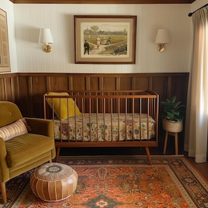 May include: A cozy nursery with a wooden crib, a patterned rug, and a mustard-colored armchair. The crib has a floral patterned mattress and a yellow pillow. A framed vintage baseball print hangs above the crib, and a small plant sits on a side table.