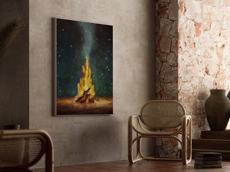 Campfire Wall Art Print, Forest Camping Painting, Tent Artwork, Cozy Woods with a Blazing Fire Under the Stars, Vintage Style Winter Décor image 2