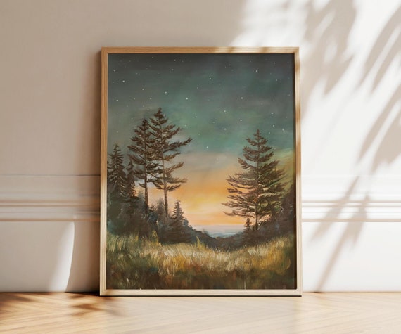 Starry Night Sky Painting, Pacific Northwest Print, Lake Michigan Artwork, Northwoods Pines, Camping Art