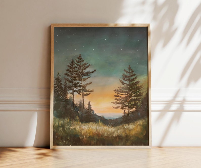 pacific northwest painting. pine trees and ocean at sunset. starry night sky. camping artwork. Michigan wall art print