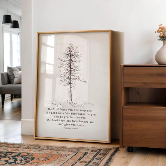 Numbers 6:24, Scripture Art Print, May the Lord Bless you and Keep You, Bible Verse Wall Décor, Pine Tree Sketch
