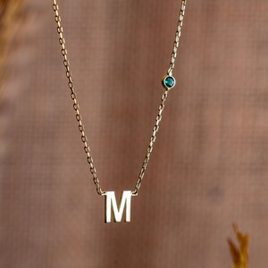Custom Birthstone Initial Necklace: Gold or Sterling Silver Letter Pendant