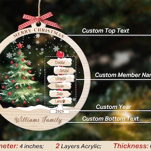 May include: A round, 4-inch diameter, 6mm thick, two-layer acrylic Christmas ornament featuring a green tree with red stars, white snowflakes, and a signpost with names. It includes a red and white checkered bow and hanging string.