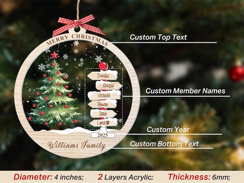 May include: A round, 4-inch diameter, 6mm thick, two-layer acrylic Christmas ornament featuring a green tree with red stars, white snowflakes, and a signpost with names. It includes a red and white checkered bow and hanging string.