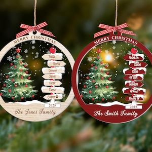 May include: Two round Christmas ornaments with a red gingham bow and twine hanger. One has a light wood frame, the other a dark red frame. Both feature a green Christmas tree, a signpost with names, the text MERRY CHRISTMAS, 2025, and a family name.