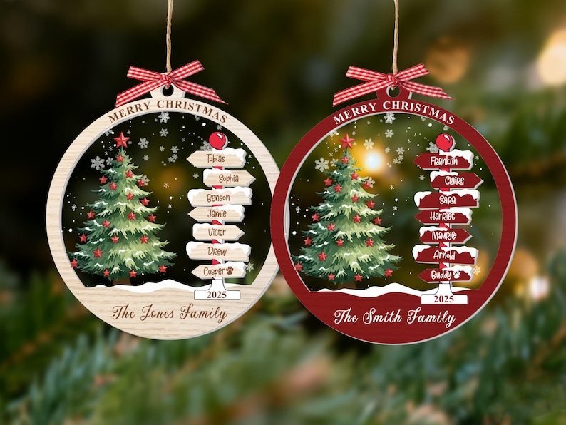 May include: Two round Christmas ornaments with a red gingham bow and twine hanger. One has a light wood frame, the other a dark red frame. Both feature a green Christmas tree, a signpost with names, the text MERRY CHRISTMAS, 2025, and a family name.
