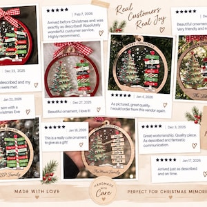 May include: A collage of circular wooden Christmas ornaments featuring a printed Christmas tree and a directional signpost with customizable names. Each ornament is topped with a red and white checkered ribbon and includes the year 2025.