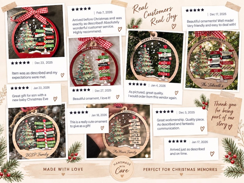 May include: A collage of circular wooden Christmas ornaments featuring a printed Christmas tree and a directional signpost with customizable names. Each ornament is topped with a red and white checkered ribbon and includes the year 2025.