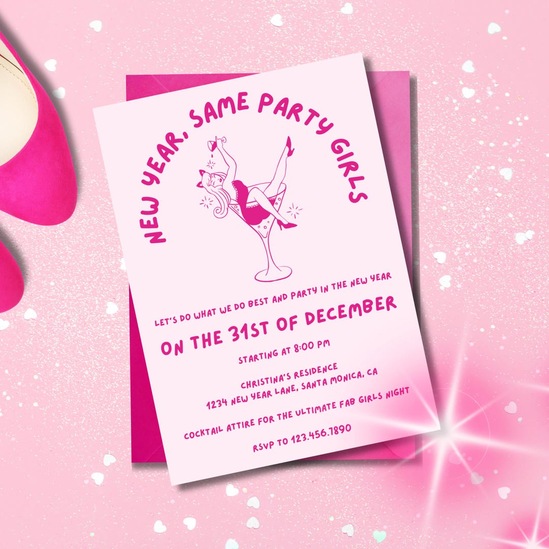 Girly Pink New Year's Eve Invite, Girl's Night Trendy NYE Celebration ...