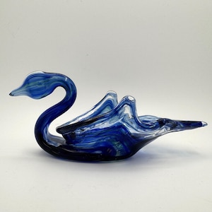 Vintage Blue Hand-Blown Glass Swan Dish