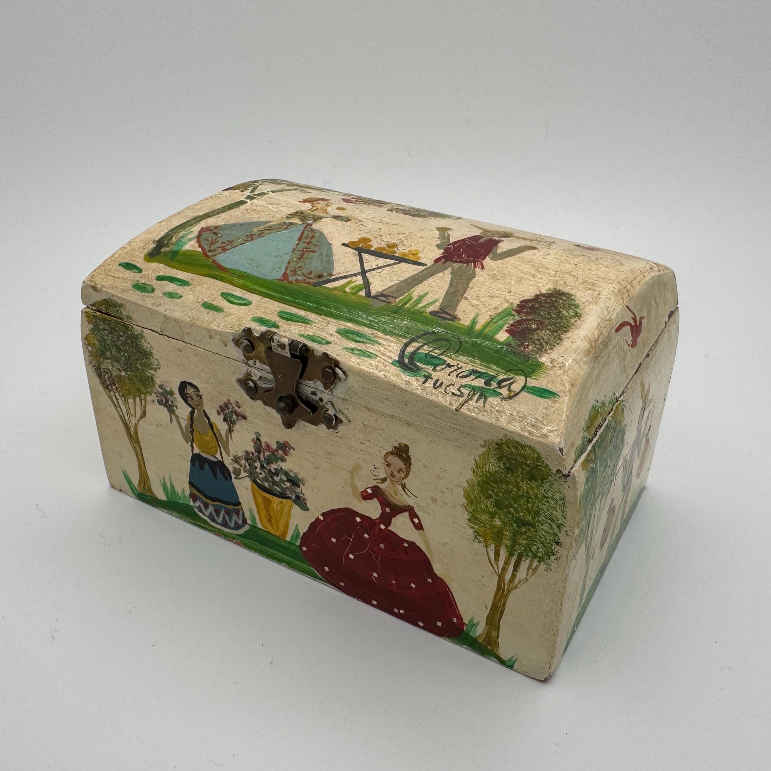 Vintage Signed Salvador Corona Hand-Painted Wooden Box, Tucson