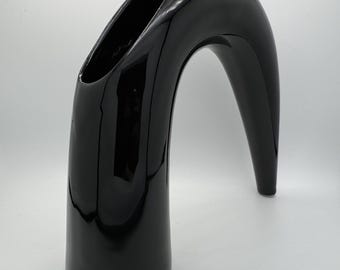 Vintage Mid-Century Modern Black Toyo Ikebana Ceramic Arch Vase