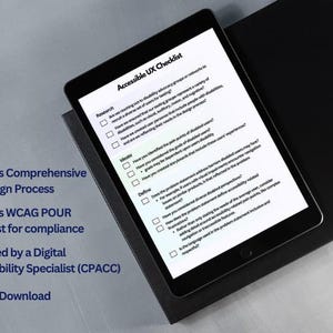 May include: A black tablet shows an "Accessible UX Checklist" with text and checkboxes. The checklist covers research, ideation, and definition aspects of UX design. Text on the left side highlights the design process, WCAG compliance, and instant download.