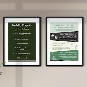 以下が含まれることがあります： 緑色の背景に白い文字で書かれた2つの額縁に入ったポスター。左側のポスターのタイトルは「障害者へのエチケット」で、7つのエチケットのヒントが書かれている。右側のポスターのタイトルは「ユニバーサルデザイン学習原則」で、学習の3つのカテゴリーが書かれている。「表現の多様性」「参加の多様性」「行動と表現の多様性」。