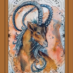 Illustration du signe du zodiaque Bélier (carte 1) et signification écrite du signe (carte 2). Belle oeuvre d'art à l'aquarelle + message inspirant.