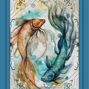 Illustration du signe du zodiaque Poissons (carte 1) et signification écrite du signe (carte 2). Belle oeuvre d'art à l'aquarelle + message inspirant.